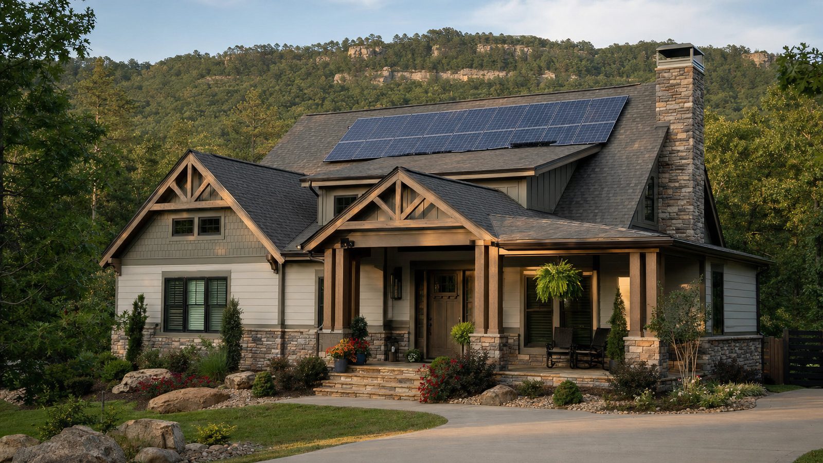 Arkansas home with rooftop solar panels and wooded hills beyond