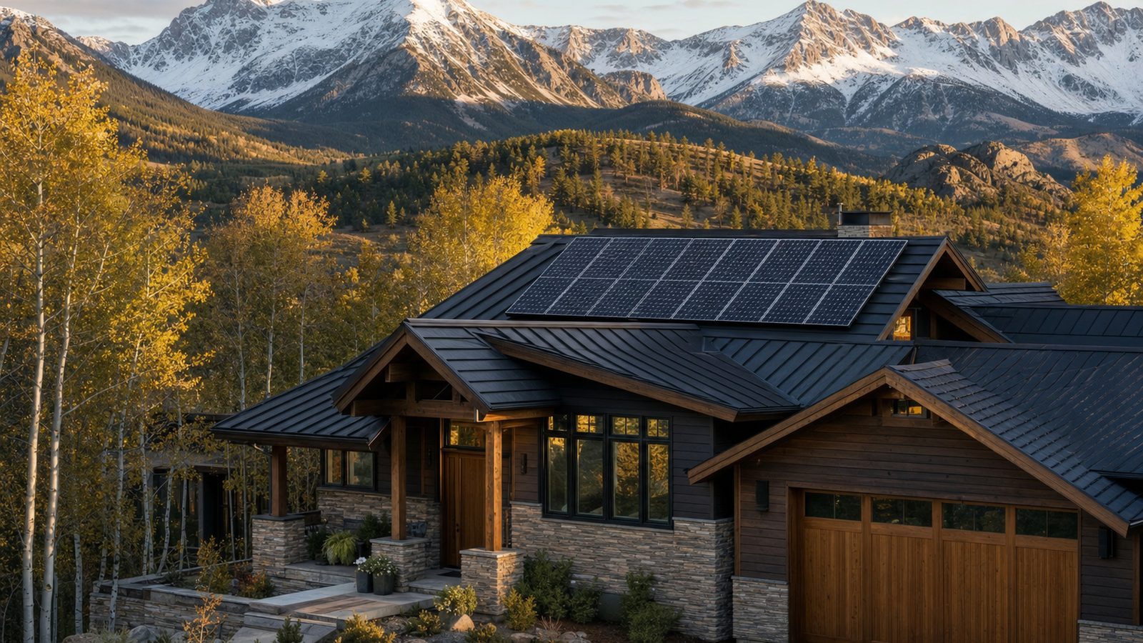 Colorado home with rooftop solar panels and mountain landscape