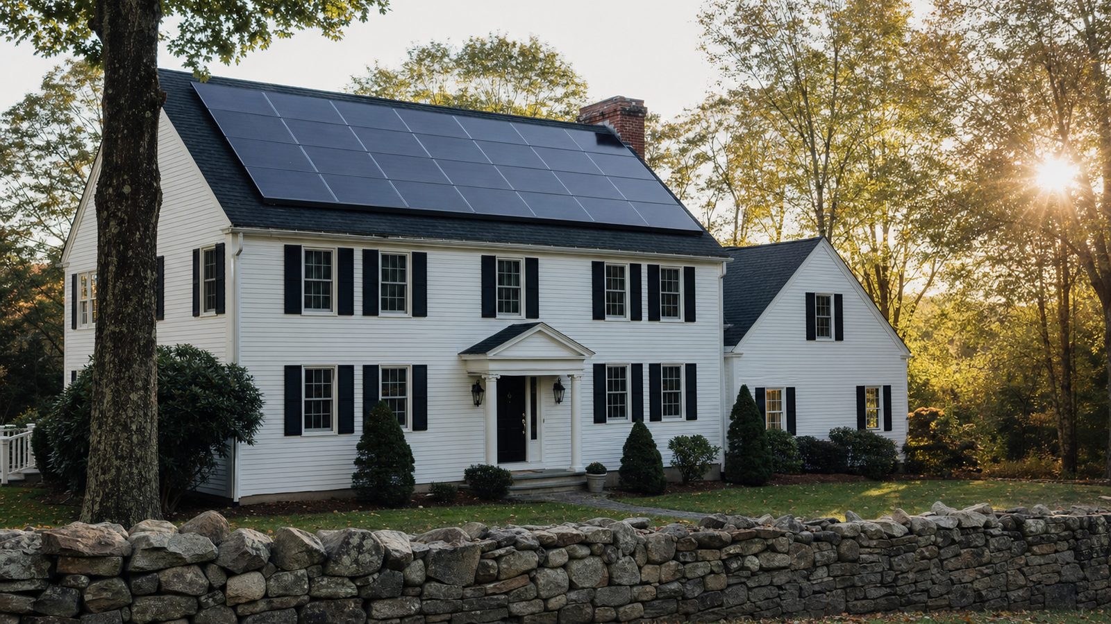 Connecticut colonial home with rooftop solar panels in a leafy neighborhood