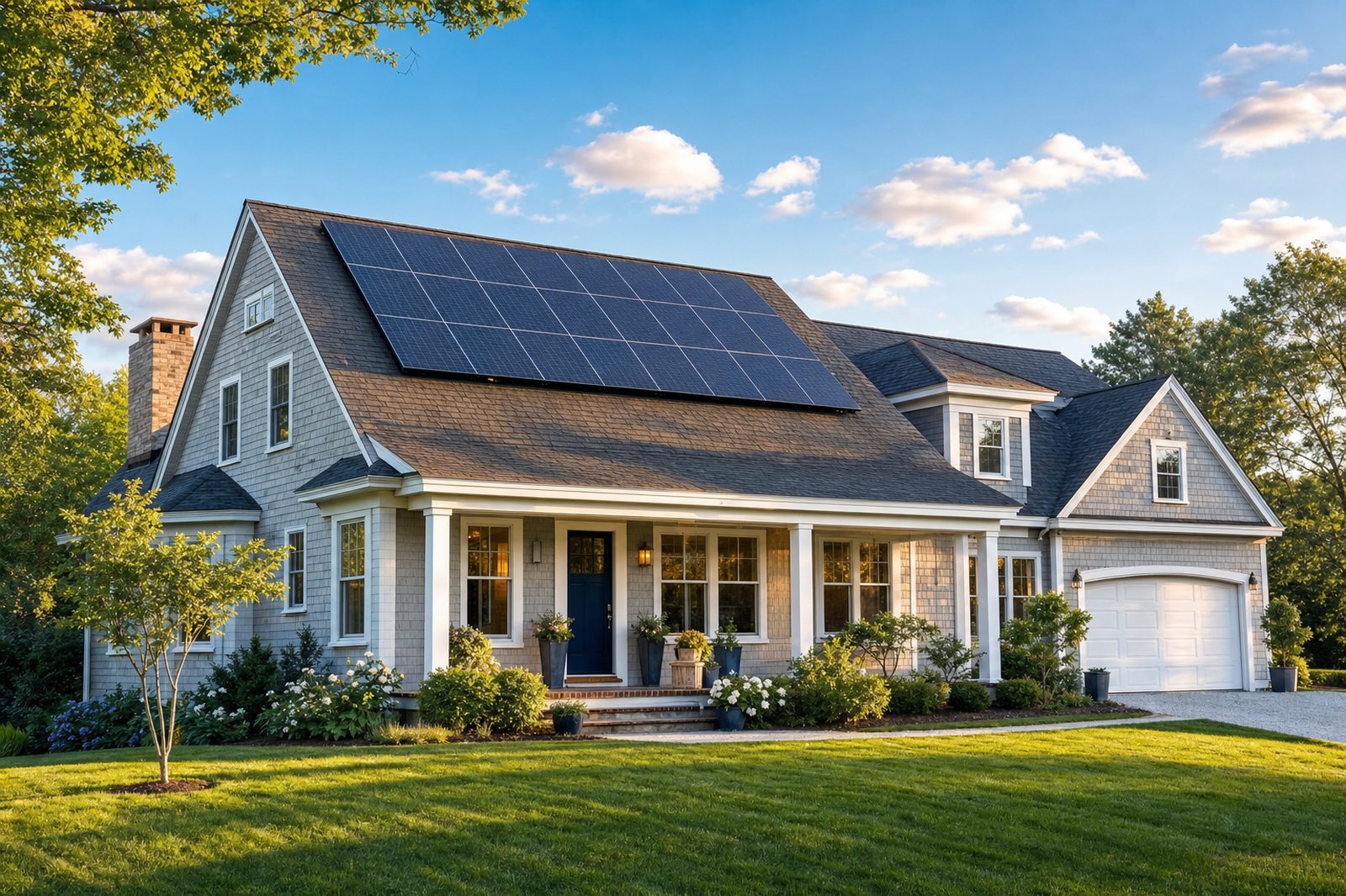 New England home with rooftop solar panels in warm evening light