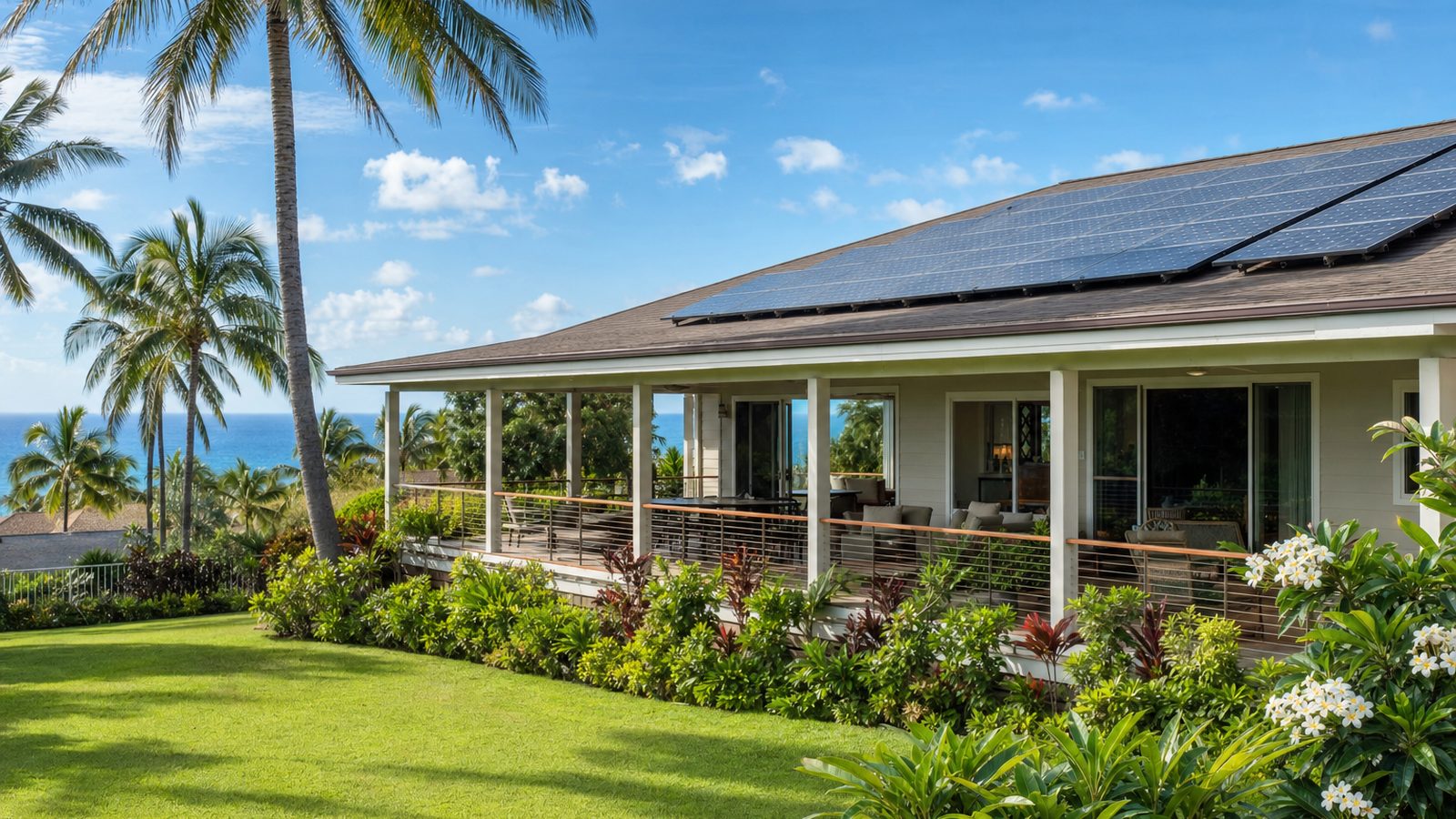 Hawaii home with rooftop solar panels, tropical landscaping, and mountain backdrop