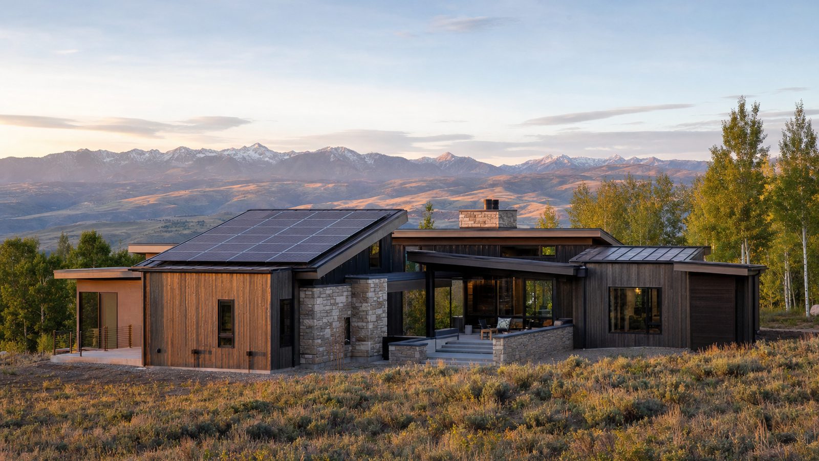 Idaho home with rooftop solar panels near open foothills