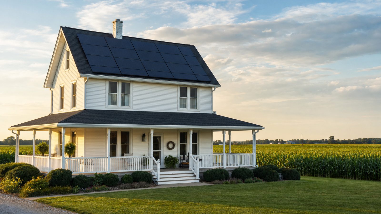 Indiana house with a rooftop solar array, green lawn, and summer trees