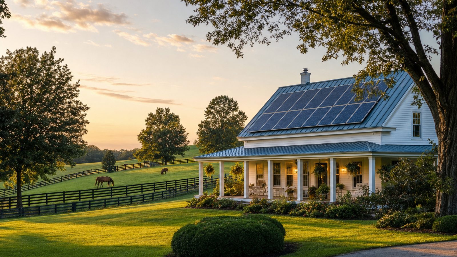 Kentucky home with rooftop solar panels and rolling bluegrass landscape