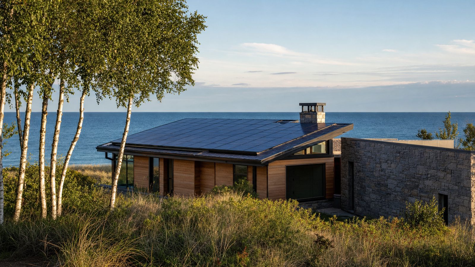 Michigan home with rooftop solar panels in a leafy neighborhood under a bright sky