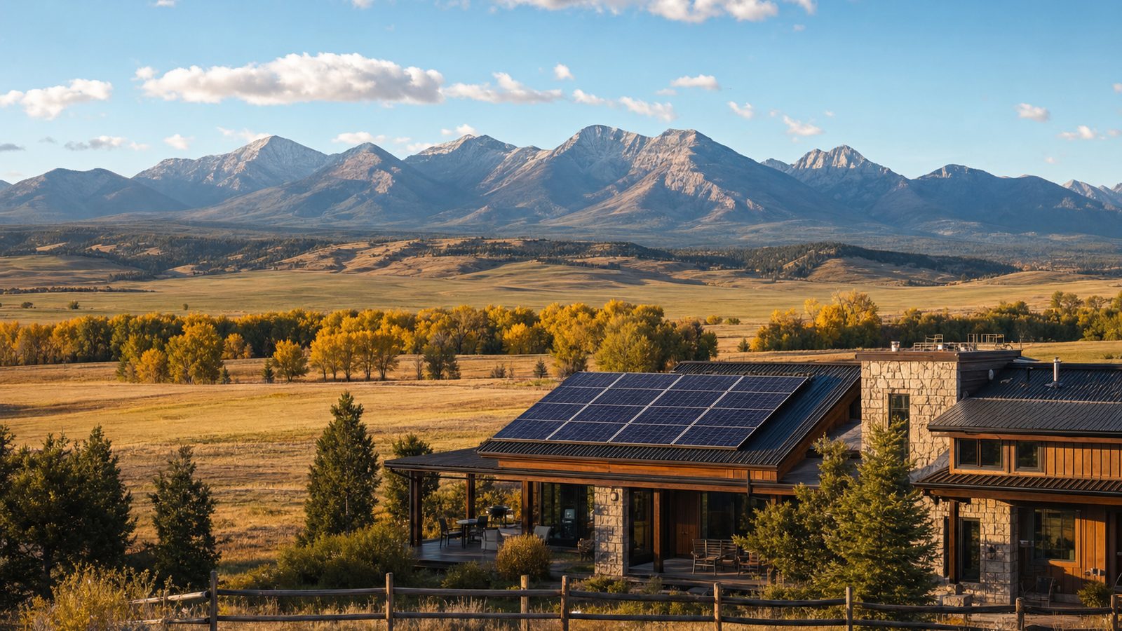 Montana home with rooftop solar panels under a big sky