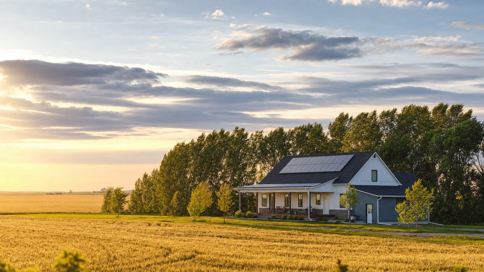 North Dakota rural home with rooftop solar panels and open fields