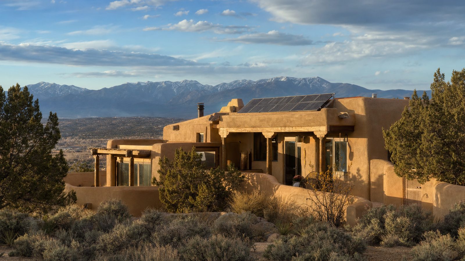 New Mexico adobe home with rooftop solar panels under bright high desert sun