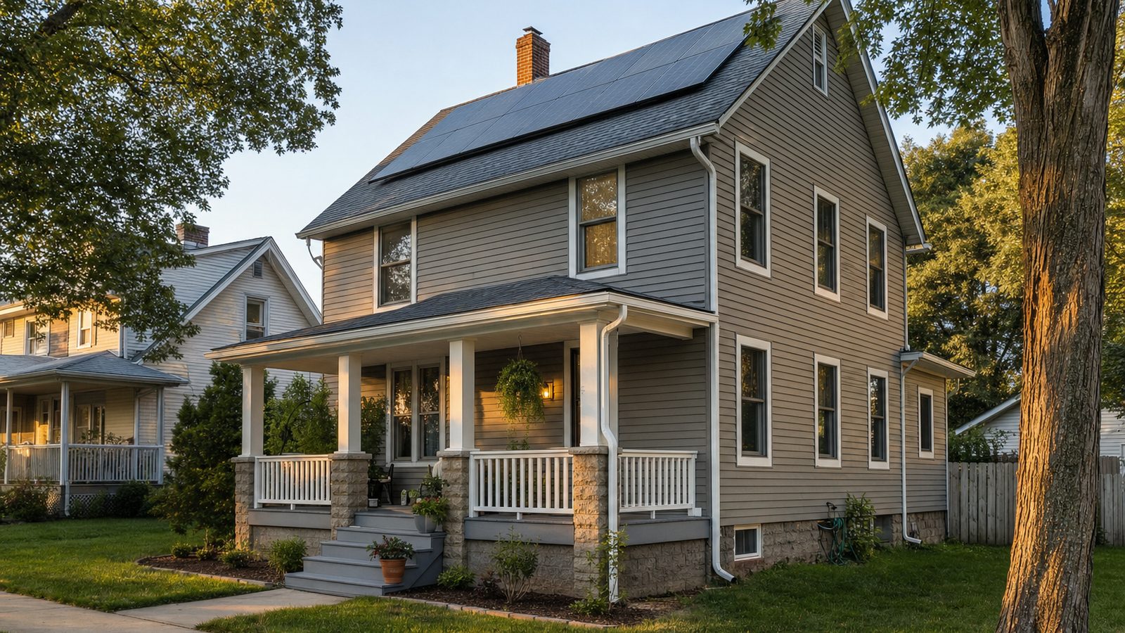 Ohio home with rooftop solar panels in a leafy residential neighborhood