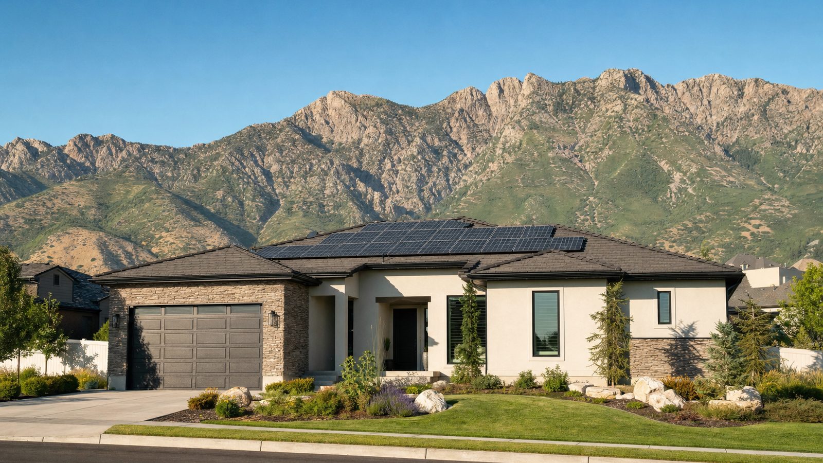 Salt Lake City area home with rooftop solar panels against the Wasatch Front