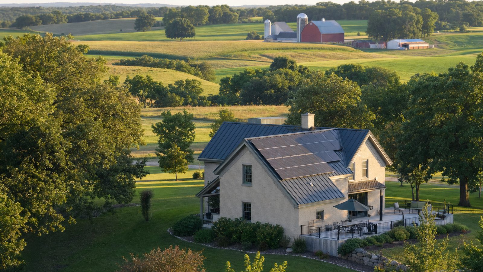 Wisconsin home with rooftop solar panels, mature trees, and a clear blue sky